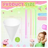 Eaasty 480 Pcs Snow Cone and Spoon Straws Cone Cups Thicken 6 oz Disposable Paper Cups Straw Spoon for Family Slush Shaved Ice Cream Water (White)