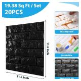20 Pcs 3d Wall Panels Stick and Peel, Black Brick Printable Faux Paneling Self Adhesive Waterproof 3d Wallpaper Stick and Peel for Bedroom, Bathroom, Kitchen, Fireplace (19.38 sq feet Coverage) - Reta