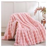 Smoofy Faux Fur Throw Blanket for Couch  Blush Pink Fluffy Cozy Rabbit Fleece, Plush Soft Bubble Blanket for Sofa and Bed, for Mom, Warm Fuzzy Home Room Decor Throw 50\ x 60\in - Retail: $25in