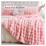 Smoofy Faux Fur Throw Blanket for Couch  Blush Pink Fluffy Cozy Rabbit Fleece, Plush Soft Bubble Blanket for Sofa and Bed, for Mom, Warm Fuzzy Home Room Decor Throw 50\ x 60\in - Retail: $25in