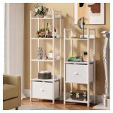 Furologee 5 Tier Bookshelf with Drawer, Tall Narrow Bookcase with Shelves, Wood and Metal Book Shelf Storage Organizer, Modern Display Standing Shelf Unit for Bedroom, Living Room, Office, White - Ret