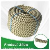 YSMN 34 in 100 FT Twisted 3 Strand Synthetic Polypropylene Rope Artificial Manila Rope Suitable for Tree Work Camping Navigation Swing - Retail: $42