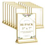 Smarpau Gold Acrylic Sign Holder 5x7, Double-Sided Display Stand, Clear Picture FramesFlyer HolderMenu HolderTable Number for Wedding, Home, Offices(16Pcs) (used) - Retail: $40