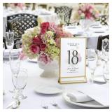 Smarpau Gold Acrylic Sign Holder 5x7, Double-Sided Display Stand, Clear Picture FramesFlyer HolderMenu HolderTable Number for Wedding, Home, Offices(16Pcs) (used) - Retail: $40