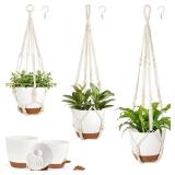Mkono Hanging Planters, Macrame Plant Hangers with Self Watering Plant Pots Indoor Set of 3 Hanging Baskets Flower Pot Holders with Hooks No Tassels 3 Different Size for Boho Home Decor - Retail: $24