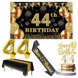44th Birthday Decorations Men Women with 44th Birthday Banner, Black and Gold Table Cloth, Number Balloons, Large Sash, Cake Topper and Candles - Retail: $18