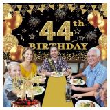 44th Birthday Decorations Men Women with 44th Birthday Banner, Black and Gold Table Cloth, Number Balloons, Large Sash, Cake Topper and Candles - Retail: $18