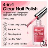 Gellen 4in1 Clear Nail Polish Base Coat Sheer Tinted Red, Ridge Filler, Nail Strengthener & Concealer, Calcium Formula Strengthens Nails, Natural Color Enhances Natural Look, No HEMA, Anti-yellowing