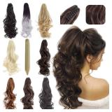 FELENDY Ponytail Extension Claw 18" 20" Curly Wavy Straight Clip in Hairpiece One Piece A Jaw Long Pony Tails for Women Dark Brown