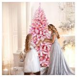 Pink Christmas Tree 7.5ft with 10 Function White & Colorful Lights, Easy Assembly Flocked Christmas Tree with Lifelike Branches, Prelit Christmas Trees with Sturdy Metal Base, PVC Tips - Retail: $197