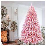 Pink Christmas Tree 7.5ft with 10 Function White & Colorful Lights, Easy Assembly Flocked Christmas Tree with Lifelike Branches, Prelit Christmas Trees with Sturdy Metal Base, PVC Tips - Retail: $197