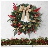 Christmas Lighted Wreath for Front Door, 28 Inches Pre-Lit 35 LED Lights, Natural Pine Cones Artificial Holiday Wreath for Indoor Outdoor Home Decorations - Retail: $60