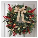 Christmas Lighted Wreath for Front Door, 28 Inches Pre-Lit 35 LED Lights, Natural Pine Cones Artificial Holiday Wreath for Indoor Outdoor Home Decorations - Retail: $60