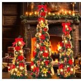 Leyndo 3 Pcs 3, 4, 5ft Pre Lit Pop up Christmas Tree with Lights Pre Decorated Pencil Christmas Tree One Minute Collapsible Skinny Xmas Decoration with Bow Flower Balls Ribbon for Home Decor - Retail: