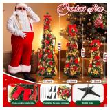 Leyndo 3 Pcs 3, 4, 5ft Pre Lit Pop up Christmas Tree with Lights Pre Decorated Pencil Christmas Tree One Minute Collapsible Skinny Xmas Decoration with Bow Flower Balls Ribbon for Home Decor - Retail: