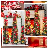 Leyndo 3 Pcs 3, 4, 5ft Pre Lit Pop up Christmas Tree with Lights Pre Decorated Pencil Christmas Tree One Minute Collapsible Skinny Xmas Decoration with Bow Flower Balls Ribbon for Home Decor - Retail: