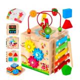 Batlofty Wooden Activity Cube, 8-in-1 Montessori Toys for 1 2 Year Old Girl Boy Toddler| Sensory Educational Learning Toys 12-18 Months | 1st Birthday Gifts, Bead Maze | Bonus Sorting & Stacking Board