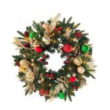Christmas Lighted Wreath for Front Door, 28 Inches Pre-Lit 35 LED Lights, Red and Green Classic Artificial Holiday Wreath for Indoor Outdoor Home Decorations - Retail: $59