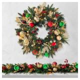 Christmas Lighted Wreath for Front Door, 28 Inches Pre-Lit 35 LED Lights, Red and Green Classic Artificial Holiday Wreath for Indoor Outdoor Home Decorations - Retail: $59