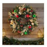 Christmas Lighted Wreath for Front Door, 28 Inches Pre-Lit 35 LED Lights, Red and Green Classic Artificial Holiday Wreath for Indoor Outdoor Home Decorations - Retail: $59