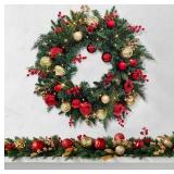 Christmas Lighted Wreath for Front Door, 28 Inches Pre-Lit 35 LED Lights, Red and Golden Artificial Holiday Wreath with Berries for Indoor Outdoor Home Decorations - Retail: $59
