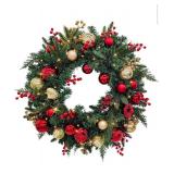 Christmas Lighted Wreath for Front Door, 28 Inches Pre-Lit 35 LED Lights, Red and Golden Artificial Holiday Wreath with Berries for Indoor Outdoor Home Decorations - Retail: $59