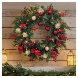 Christmas Lighted Wreath for Front Door, 28 Inches Pre-Lit 35 LED Lights, Red and Golden Artificial Holiday Wreath with Berries for Indoor Outdoor Home Decorations - Retail: $59