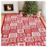 WONDRG CHRISTMAS AREA RUG 5x7 RED SNOWFLAKE CHECKERED DECORATIVE DOORMAT ENTRYWAY KITCHEN WASHABLE NON SLIP SOFT LOW PILE CARPET FOR LIVING ROOM BEDROOM ENTRANCE DINING ROOM HOME DECOR - Retail: $52