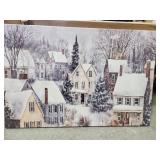 Christmas Village Wall Art Snowy Winter Town Poster Abstract Holiday Snow Landscape Canvas Painting Vintage Christmas Print Festive Decor for Home Living Room 16x24inch Canvas - Retail: $0