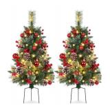 Set of 2 Outdoor Pathway Christmas Trees with Lights, 30in Prelit Battery Operated Artificial Xmas Tree Holiday DÃ©cor for Porch, Urn & Planter Filler, Red Berries, Pine Cones, Ball Ornaments - Reta