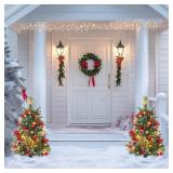 Set of 2 Outdoor Pathway Christmas Trees with Lights, 30in Prelit Battery Operated Artificial Xmas Tree Holiday DÃ©cor for Porch, Urn & Planter Filler, Red Berries, Pine Cones, Ball Ornaments - Reta