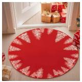 Jinchan Christmas Round Rug - 3ft, Red Xmas Tree, Washable, Soft Non Slip Circle Rug for Kitchen, Bedroom, Foyer, Nursery, Living Room, Entryway - Retail: $29