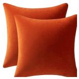 DEZENE Fall Couch Pillow Cases 18x18 Burnt Orange: 2 Pack Cozy Soft Velvet Square Throw Pillow Covers for Farmhouse Home Decor
