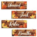 Blulu 4 Pieces Thanksgiving Fall Bathroom Wall Decor Wall Art Farmhouse Bathroom Wooden Decor Relax Soak Unwind Breathe Sign for Fall Thanksgiving Home Restroom Hotel Office(Brown)