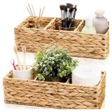 Pumtus 2 Pack 3-Section Woven Baskets, Water Hyacinth Storage Bin, Handwoven Desk Organizer, Toilet Paper Container, Rectangle Holder for Counter Top Toilet Tank Shelves Coffee Bar Pantry