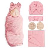 AQOKKA Newborn Receiving Blanket with Bow Hat Headband Wooden Card Set Wheat-Pattern Newborns Toddler Baby Boy Girl Nursery Swaddle Wrap