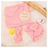 AQOKKA Newborn Receiving Blanket with Bow Hat Headband Wooden Card Set Wheat-Pattern Newborns Toddler Baby Boy Girl Nursery Swaddle Wrap