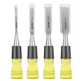 HURRICANE 4 Piece Wood Chisel Set for Woodworking. CR-V Steel Beveled Edge Blades with Safety Caps. Extra Large Grip, Impact-Resistant PVC Handle Chisels (1/4, 1/2, 3/4, 1)