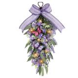 Jusdreen LED Teardrop Lavender Wreath with Butterflies - Faux Floral Swag Decor for Doors/Windows/Walls, Farmhouse Wedding Party Home Decor