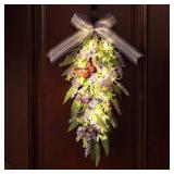 Jusdreen LED Teardrop Lavender Wreath with Butterflies - Faux Floral Swag Decor for Doors/Windows/Walls, Farmhouse Wedding Party Home Decor