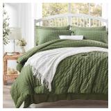 Zzlpp Queen Comforter Set 7 Pieces, Olive Green Seersucker Bed in a Bag with Comforter and Sheets, All Season Bedding Sets with 1 Comforter, 2 Pillow Shams, 2 Pillowcases, 1 Flat Sheet