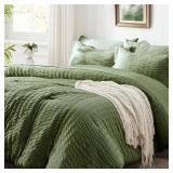 Zzlpp Queen Comforter Set 7 Pieces, Olive Green Seersucker Bed in a Bag with Comforter and Sheets, All Season Bedding Sets with 1 Comforter, 2 Pillow Shams, 2 Pillowcases, 1 Flat Sheet