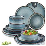 GBHOME Ceramic Dinnerware Sets for 4, 12 Pieces Stoneware Plates and Bowls Sets, Reactive Glaze Dishes -Scratch Resistant, Dishwasher&Microwave Safe