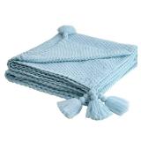 YAGEANNL Knit Throw Blanket for Couch, Lightweight Sofa Throw Blankets with Fringe Tassel, Cozy Super Soft Knitted Blanket for Couch Bed Sofa Chair Living Room Gift, Light Blue, 50x 60