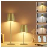 Czgor Rechargeable Cordless Table Lamp with Remote 2 Pack, 5200mAh Battery Operated Desk Lamp with Timer, 3-Color Stepless Dimming Wireless Desk Lamp, Portable Table Lamp for Bedroom Restaurant (Gold)