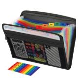 H4D Zippered Accordion File Organizer with Front Mesh Pouch, 13 Pocket Expanding File Folder, Fit for Documents Letter Size A4 Papers, Black