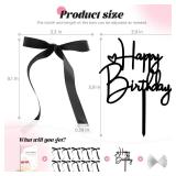 ABRRLO 10 PCS Black Bow Cake Toppers with Happy Birthday Sign - Vintage Ribbon Cupcake Toppers for Birthday Party Decorations Coquette Theme Anniversary Wedding Decor Cake Decorating Supplies (Black)