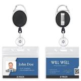 Will Well ID Badge Holders with Clip and Keyring - Horizontal Clear Plastic 2.52 x 3.58 Sleeves Fit Up to 3 Cards - Retractable 24 UHMWPE Fiber Pull Cords for Easy Access - 2-Pack, Black Reels