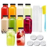 CUCUMI 9pcs 16oz Glass Juice Bottles with Lids, Reusable Juice Containers Drinking Jars Water Cups with Brush, Glass Straws, Lids with Hole