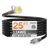12AWG 25 FT Heavy Duty Outdoor Extension Cord Waterproof with Lighted End,Black 12 Gauge Extension Cord Flexible and Cold Resistant 3 Prong Grounded Plug,15Amp 1875W SJTW ETL Listed